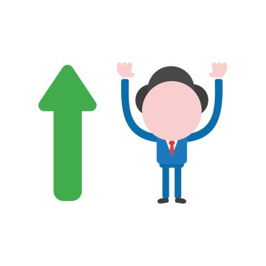 Vektör çizim işadamı maskot karakter yukarı hareket ok ile.