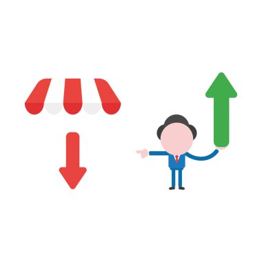 Kadar hareketli ve dükkanı store tente altında hareket ok işaret illüstrasyon iş adamı maskot karakter holding ok vektör.