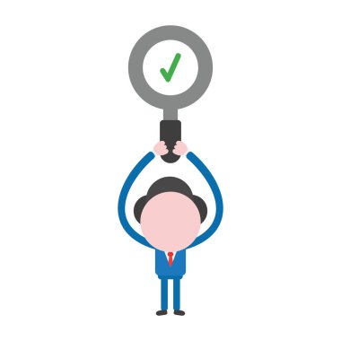 Vektör çizim işadamı maskot karakter holding Büyüteç Camı onay işareti ile.