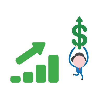 Çalışan ve doları para sembol ile satış çubuk grafiği yukarı hareket gidiyor vektör illüstrasyon iş adamı maskot karakter.