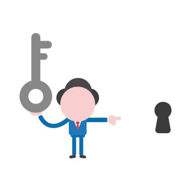 Tuşuna basılı tutarak ve anahtar deliği işaret vektör illüstrasyon iş adamı maskot karakter.