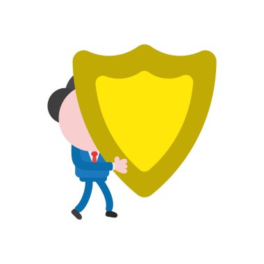 Yürüyüş ve koruma kalkanı taşıyan vektör illüstrasyon iş adamı maskot karakter.