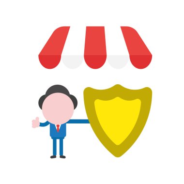 Vektör çizim işadamı maskot karakter dükkanı store tente, koruma kalkanı ve gösteren başparmak dayanabiliyor altında.