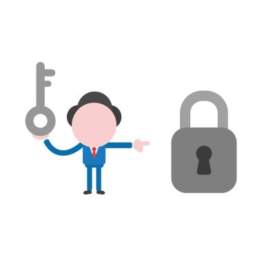 Tuşuna basılı tutarak ve kapalı asma kilit işaret vektör illüstrasyon iş adamı maskot karakter.