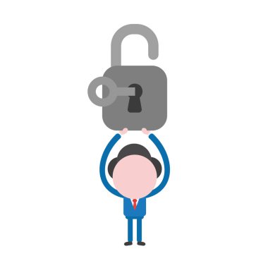 Vektör çizim işadamı maskot kadar açık asma kilit tutan karakter, anahtar ile kilidini.