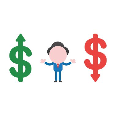 Vektör çizim işadamı maskot karakter Doları para sembolleri, yukarı ve aşağı hareket arasında.