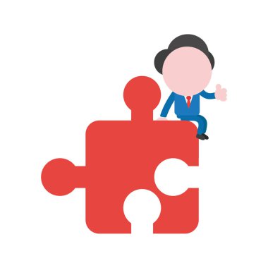 Parçalı bulmaca parçası eksik ve Yaşasın vererek oturan vektör illüstrasyon iş adamı maskot karakter.