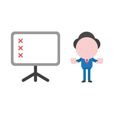 El dur işareti sunum grafik ve x ile gösterilen vektör illüstrasyon iş adamı maskot karakteri işaretler.