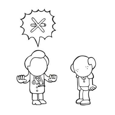 Sigara İçilmeyen çıkmak için eski hasta söylüyor doktor vektör çizilmiş karikatür çizim.