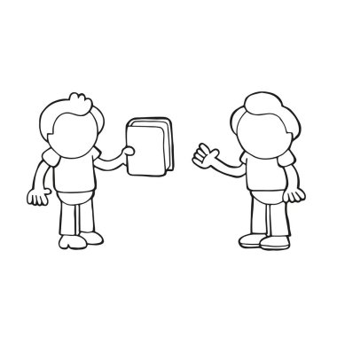 Vektör çizilmiş karikatür çizim kitabı başka bir adama veren adam.