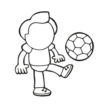 Adam ayakta tekme oynarken futbol topu vektör çizilmiş karikatür çizim.