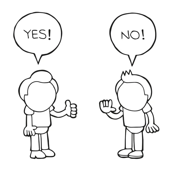 Adamın Tartıştığını Evet Hayır Konuşma Balonları Vektör Çizilmiş Karikatür Çizim — Stok Vektör