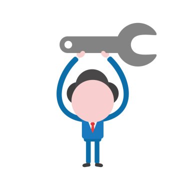 Vektör çizim işadamı karakter yukarı gri İngiliz anahtarı simgesi tutan.