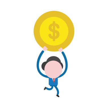 Çalışan ve doları para sikke taşıyan vektör çizim işadamı karakter.