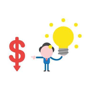 Vektör çizim işadamı karakter holding parlak sarı ampul ve kırmızı işaret doları aşağıya taşınması.