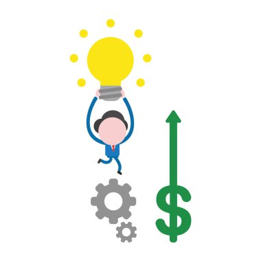 Vektör çizim işadamı karakter gri dişliler, holding kadar parlak sarı ampul ve yeşil doları yukarı hareket üzerinde çalışan.