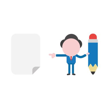 Kalem tutan ve boş kağıt simgesi işaret vektör çizim işadamı karakter.