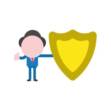 Vektör çizim işadamı karakter koruma kalkanı tutarak ve Yaşasın vererek.