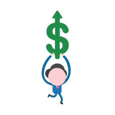 Çalışan ve yukarı hareket ok ile yeşil doları sembolü tutan vektör çizim işadamı karakter.