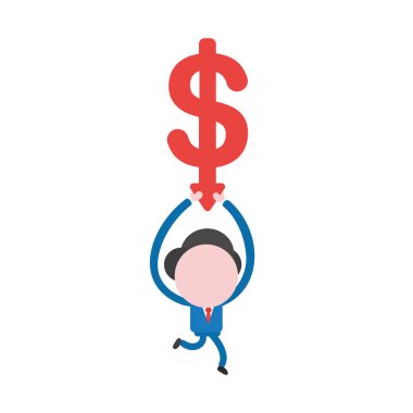 Çalışan ve aşağı hareket ok ile kırmızı dolar simgesi tutan vektör çizim işadamı karakter.