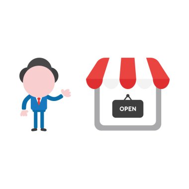 Vektör çizim işadamı karakter gösteren mağaza ile işareti asılı açık yazılı.