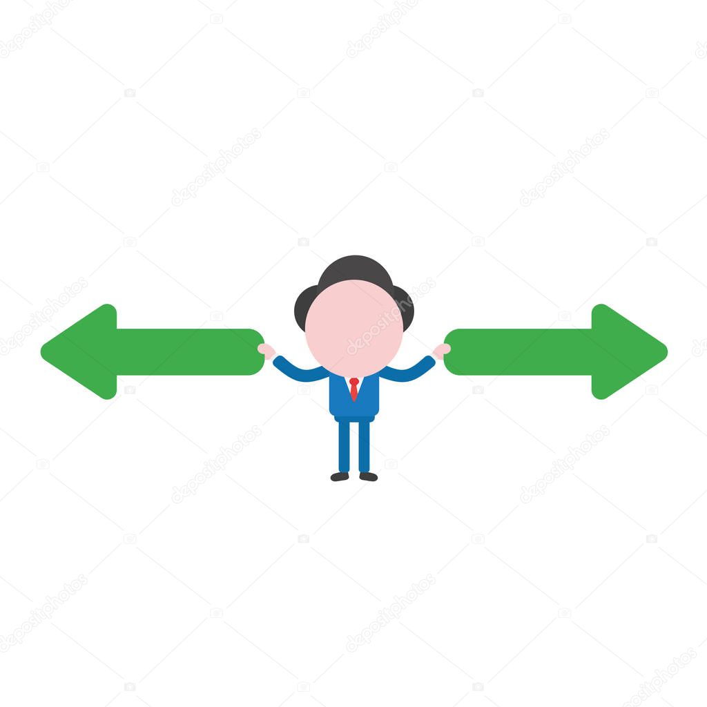 Vector illustration businessman character holding arrow pointing left and right ways.