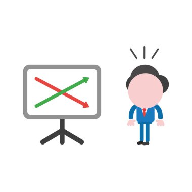 Şaşırttı ve satış grafiği okları yukarı ve aşağı hareket seyir vektör çizim işadamı karakter.