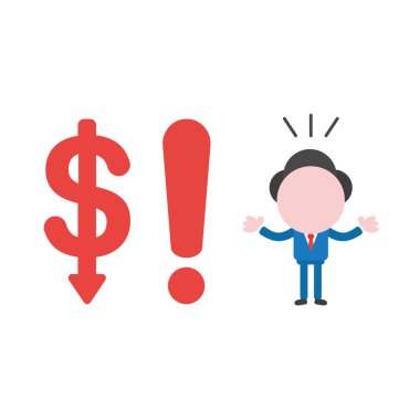 Vektör çizim işadamı karakter dolar aşağı hareket ve ünlem işareti ile.