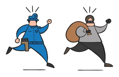 Polisten çalıştıran ve çuval taşıma vektör çizim karikatür hırsız adam yüzü maskeli.