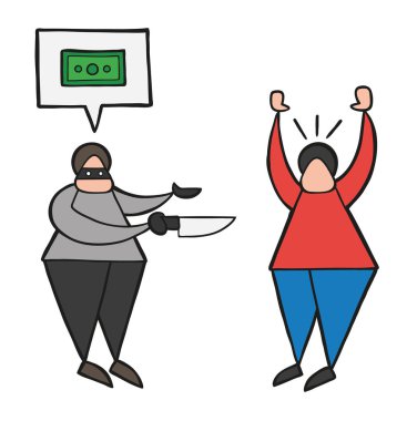 Yüzü olan vektör illüstrasyon karikatür hırsız adam bıçakla maskeli ve konuşma balonu diğer adamdan para istiyorum.