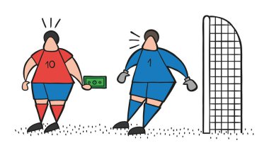 Vektör çizim karikatür futbol oyuncu adam kaleci için rüşvet teklif.