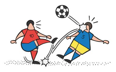 Topu tekmeleme ve diğer oyuncunun yüzüne isabet vektör çizim karikatür futbol oyuncu adam.