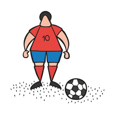 Vektör çizim karikatür futbol oyuncu adam futbol topuyla ayakta.