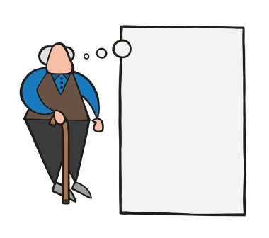 Ahşap baston ile ayakta ve rüya ya da boş düşünce balonu ile düşünme vektör çizim karikatür yaşlı adam.