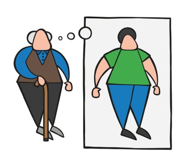 Ahşap baston ile ayakta ve rüya ya da düşünce balonu ile gençlik düşünme vektör çizim karikatür yaşlı adam.
