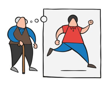 Vektör çizim karikatür yaşlı adam ahşap baston ve rüya veya gençlik düşünme ve düşünce balonu ile koşma ile yürüme.