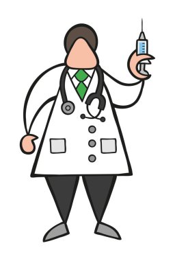 Enjeksiyon için hazır şırınga tutarak vektör illüstrasyon karikatür Doktor stetoskop ve adam ayakta,.