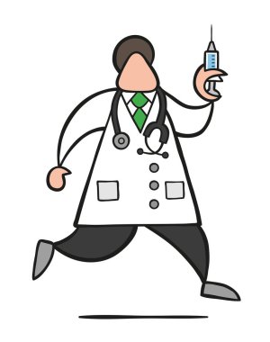 Vektör çizim karikatür Doktor adam stetoskop ve koşma, enjeksiyon için hazır şırınga tutarak ile.