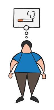 Vektör çizim karikatür adam karakter ayakta ve düşünme ile Sigara İçilmeyen bubble düşünce.