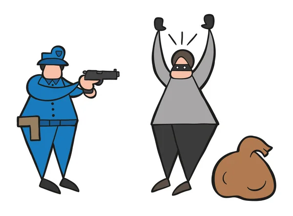 Vektör Çizim Karikatür Hırsız Adam Yüzü Maskeli Çuval Polis Tarafından — Stok Vektör