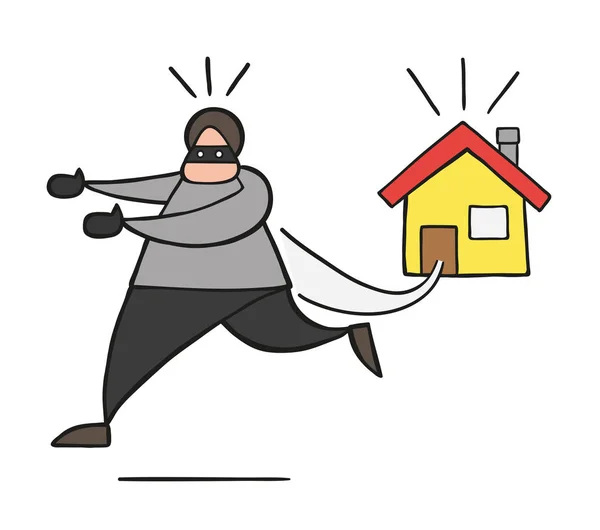 Vector Illustration Cartoon Thief Man Face Masked Running Away House — Stock Vector