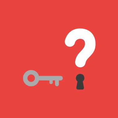 Düz vektör simge kavramı anahtar ve soru işareti kırmızı zemin üzerine anahtar deliği ile.