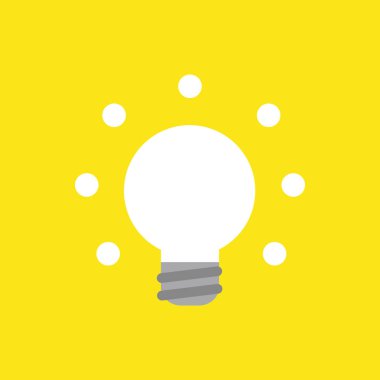 Düz vektör simgesi sarı arka plan üzerinde parlayan ampul kavramı.
