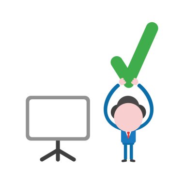 Vektör çizim işadamı karakter yeşil onay işareti boş sunu grafik ile gidiyor.