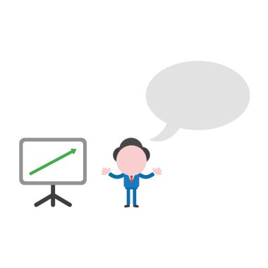 Vektör çizim işadamı karakter boş konuşma balonu ve satış grafiği ok yukarı hareket ile.