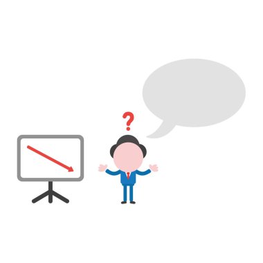 Vektör çizim işadamı karakter boş konuşma balonu ve satış grafiği ok aşağı hareket ile karışık.