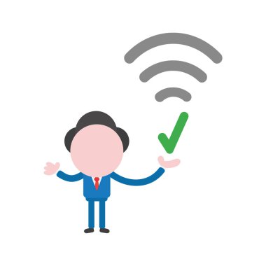 Vektör çizim işadamı karakter holding kablosuz wifi simgesiyle onay işareti.