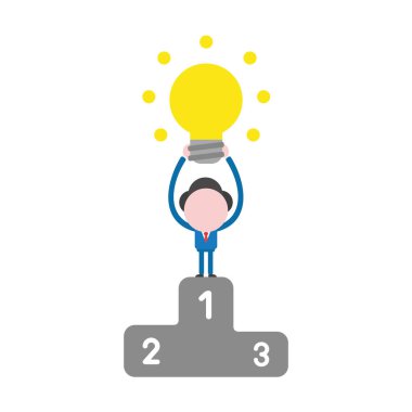 Vektör çizim işadamı karakter birinciliği kazanan podyum üzerinde parlayan ampul gidiyor.