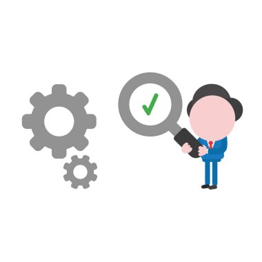 Onay işareti olan Büyüteç tutarak ve dişliler için seyir vektör çizim işadamı karakter.