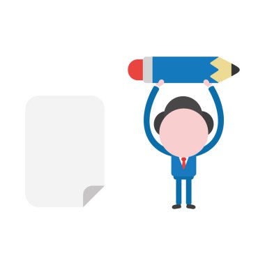 Vektör çizim işadamı karakter boş kağıt ve holding mavi kalem ile.